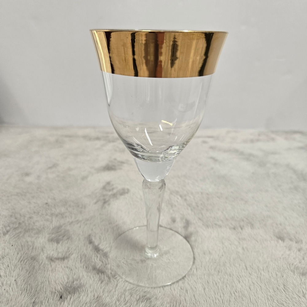 Vintage Gold Rimmed Clear Glass Wine Goblet Mid Century Modern Stemware